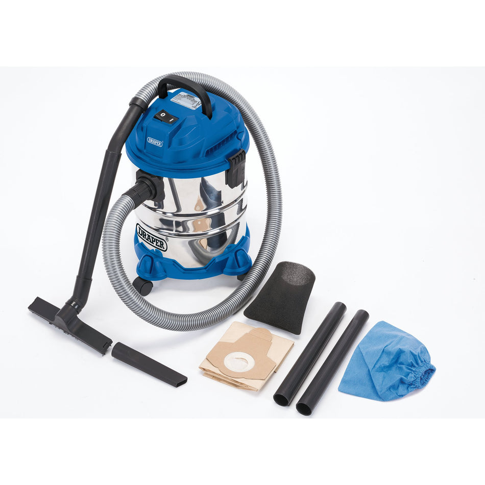 Draper 20515 Wet and Dry Vacuum Cleaner with Stainless Steel Tank, 20L, 1250W