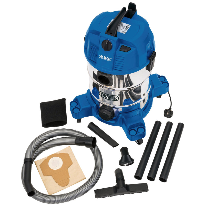 Draper 20523 Wet and Dry Vacuum Cleaner with Stainless Steel Tank, 30L, 1600W