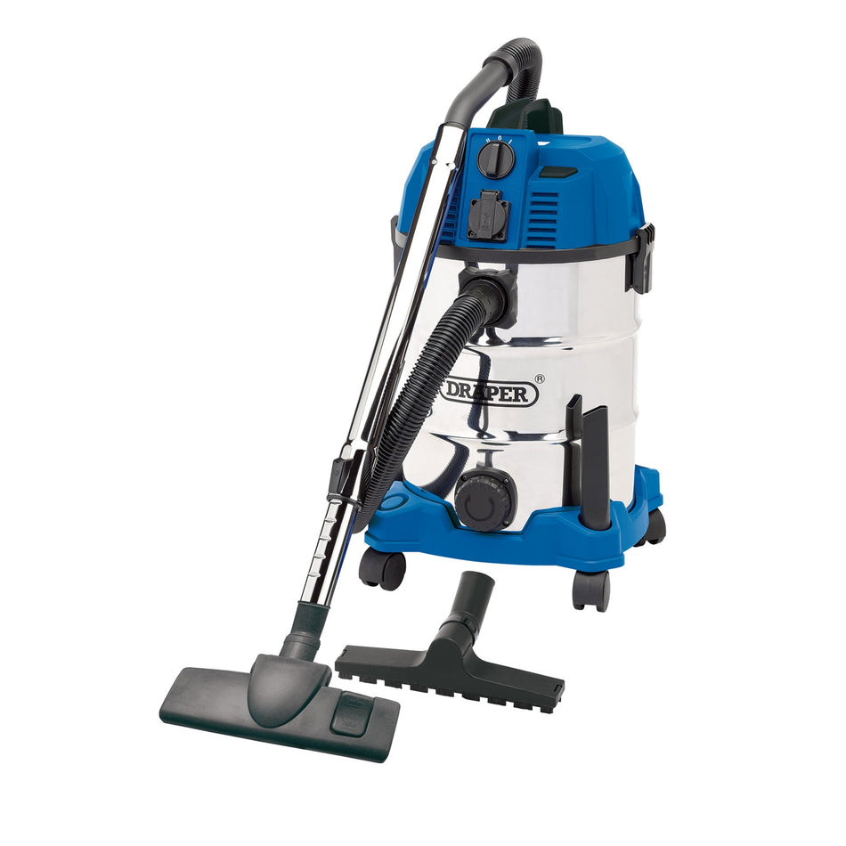 Draper 20529 230V Wet and Dry Vacuum Cleaner with Stainless Steel Tank and Integrated Power Out-Take Socket, 30L, 1300W