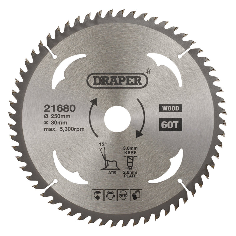 Draper 21680 TCT Circular Saw Blade for Wood, 250 x 30mm, 60T