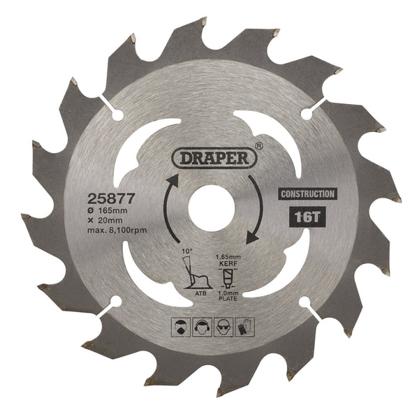 Draper 25877 TCT Cordless Construction Circular Saw Blade for Wood & Composites, 165 x 20mm, 16T
