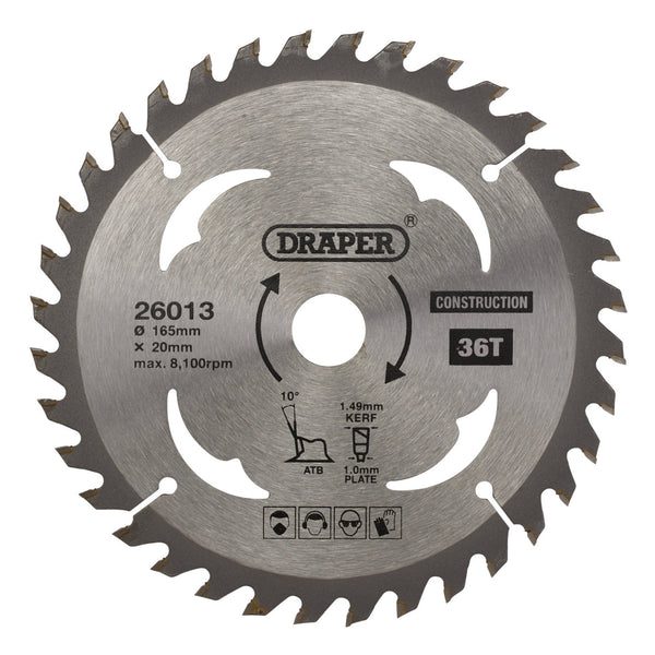 Draper 26013 TCT Cordless Construction Circular Saw Blade for Wood & Composites, 165 x 20mm, 36T