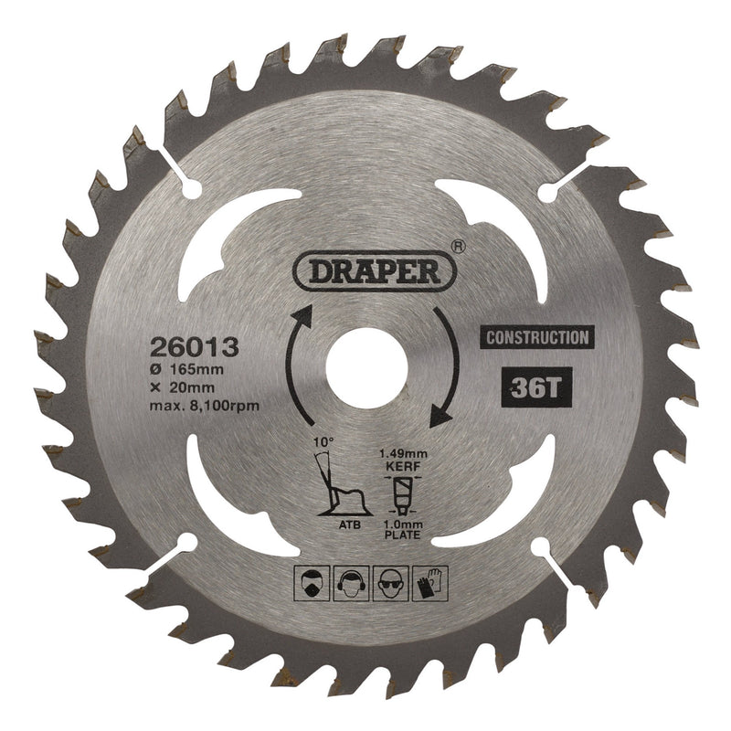 Draper 26013 TCT Cordless Construction Circular Saw Blade for Wood & Composites, 165 x 20mm, 36T