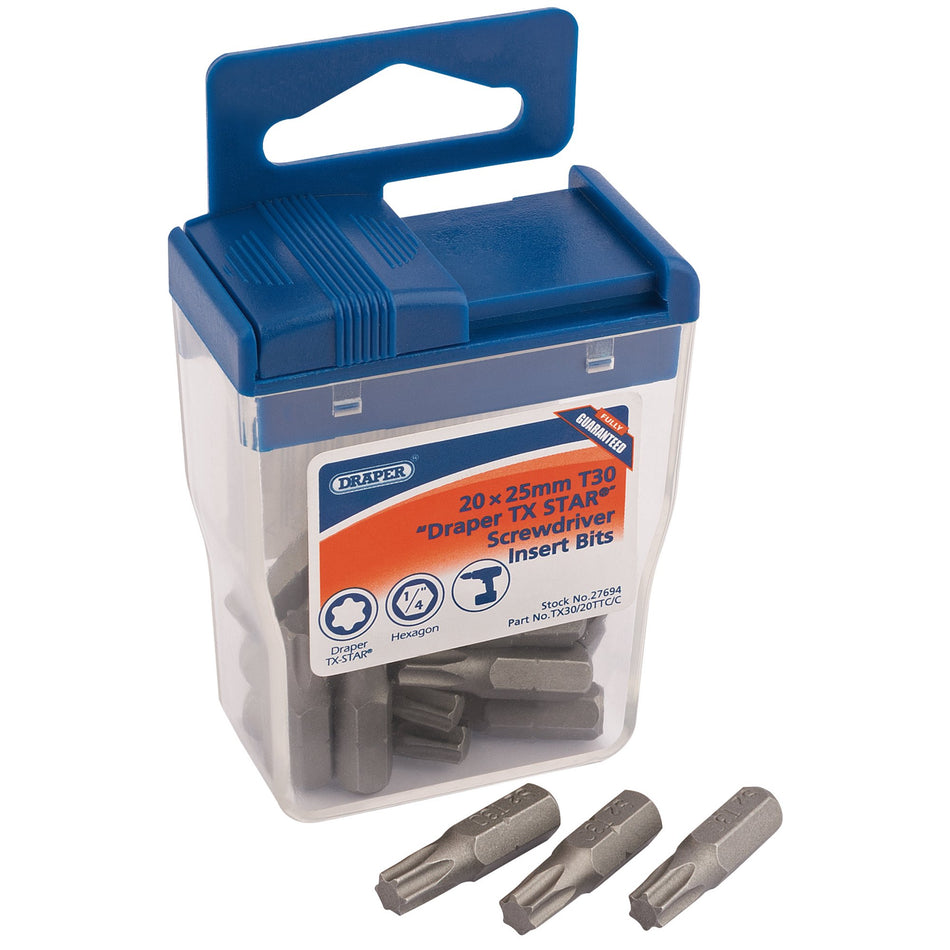 Draper 27694 Draper TX-STAR® Long Insert Bits in Plastic Storage Case, T30 x 25mm (Pack of 20)