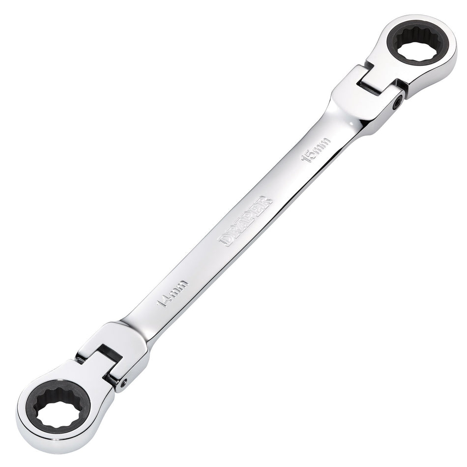Draper 27747 Draper HI-TORQ® Metric Flexible Head Double Ring Ratchet Spanner, 14 x 15mm