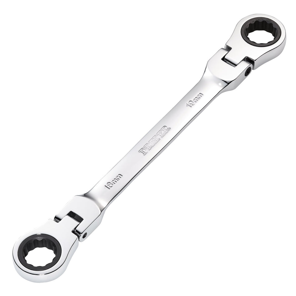 Draper 27759 Draper HI-TORQ® Metric Flexible Head Double Ring Ratchet Spanner, 18 x 19mm