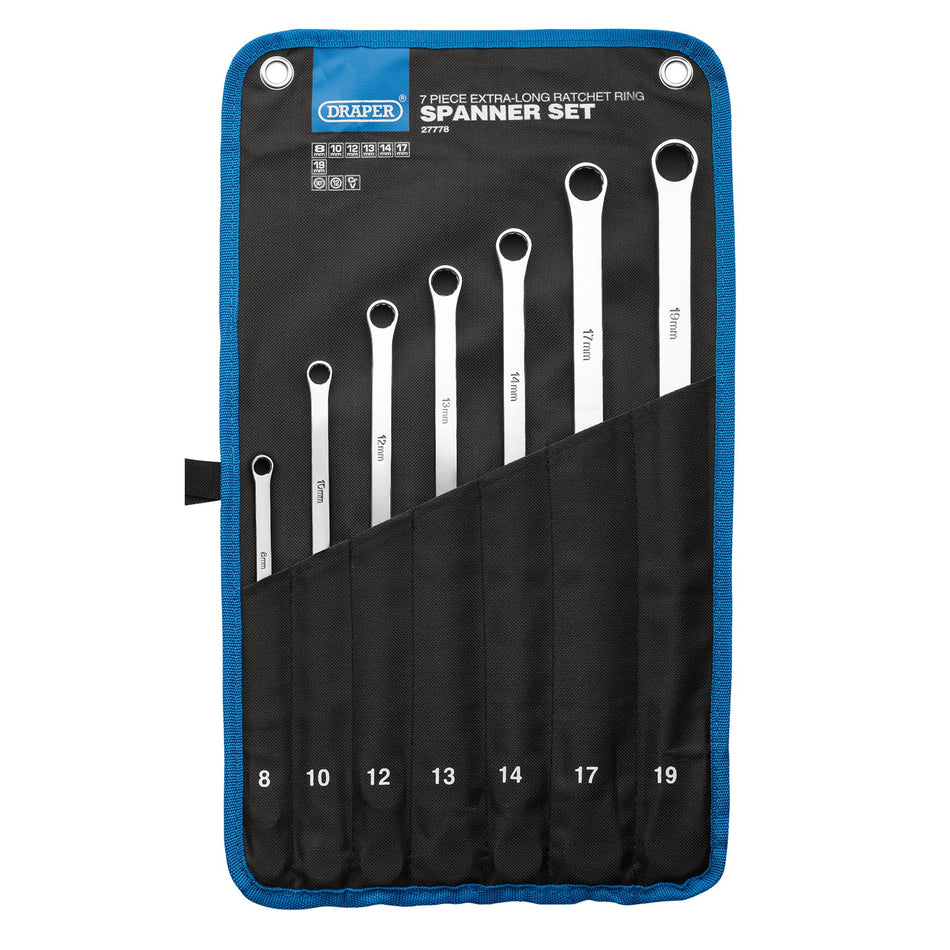 Draper 27778 Draper HI-TORQ® Metric Extra-Long Double Ring Ratchet Spanner Set (7 Piece)