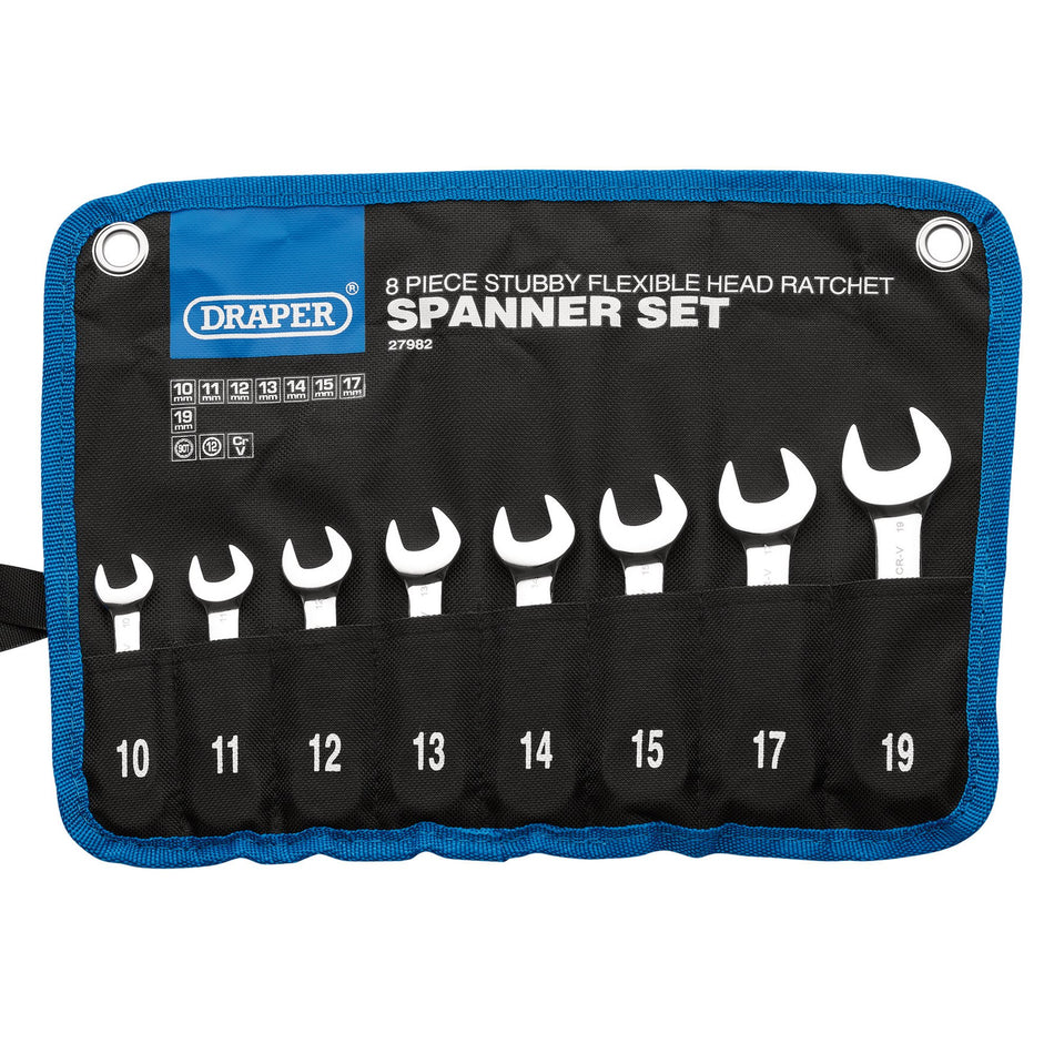Draper 27982 Draper HI-TORQ® Metric Stubby Flexible Head Ratchet Combination Spanner Set (8 Piece)