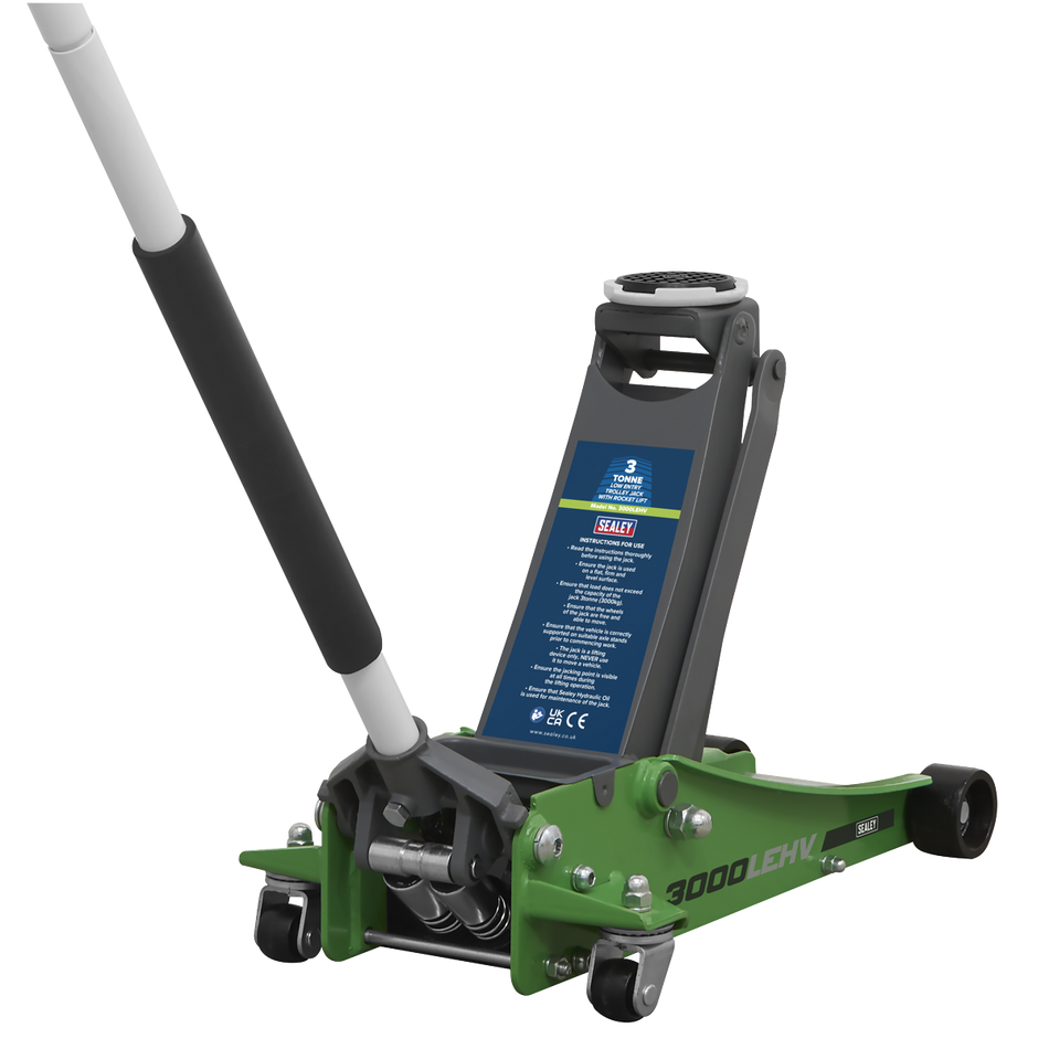 Sealey 3000LEHV Trolley Jack 3 Tonne Low Profile Rocket Lift Hi-Vis Green