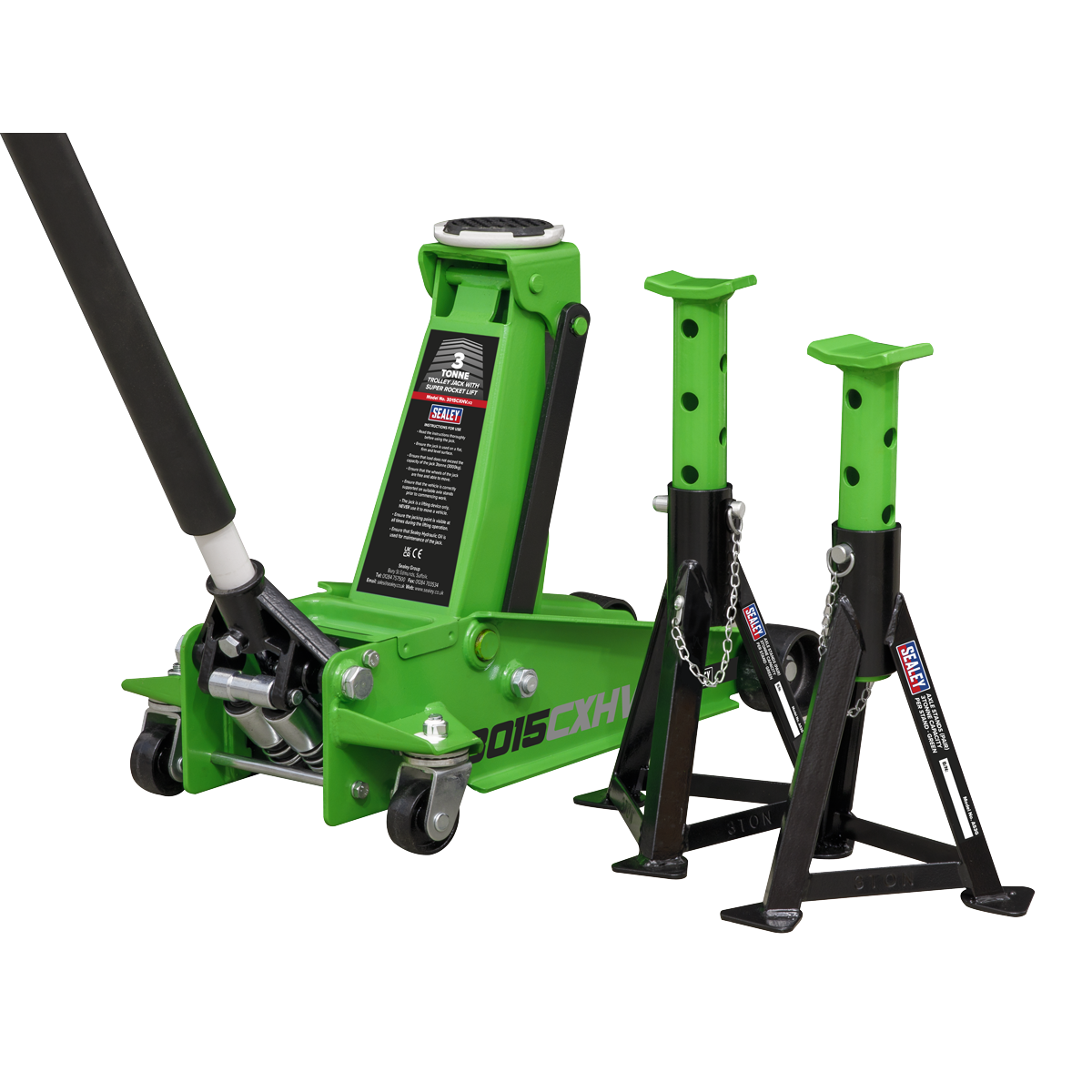 Sealey 3015CXHV 3tonne Trolley Jack with Super Rocket Lift & Axle Stands (Pair) - Hi-Vis Green