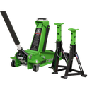Sealey 3015CXHV 3tonne Trolley Jack with Super Rocket Lift & Axle Stands (Pair) - Hi-Vis Green