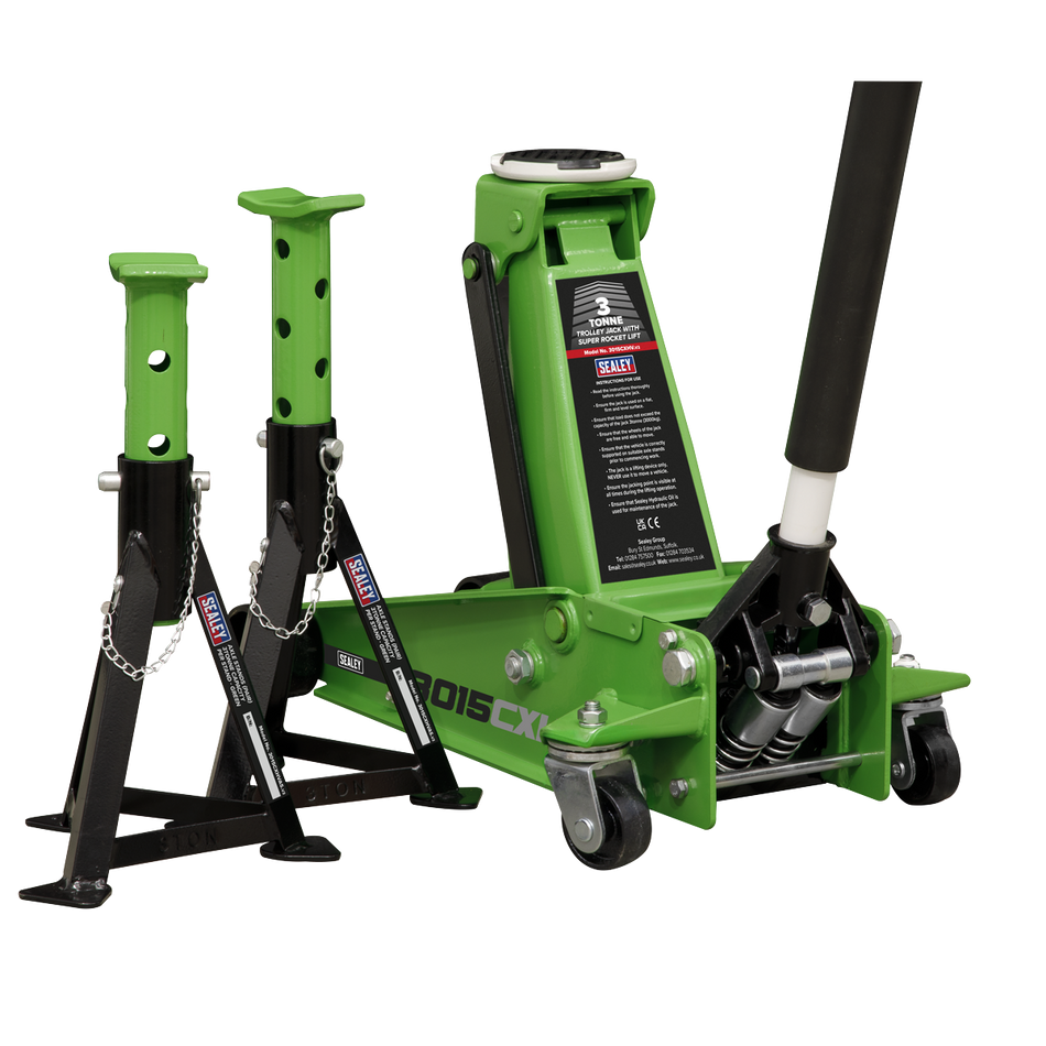 Sealey 3015CXHV 3tonne Trolley Jack with Super Rocket Lift & Axle Stands (Pair) - Hi-Vis Green