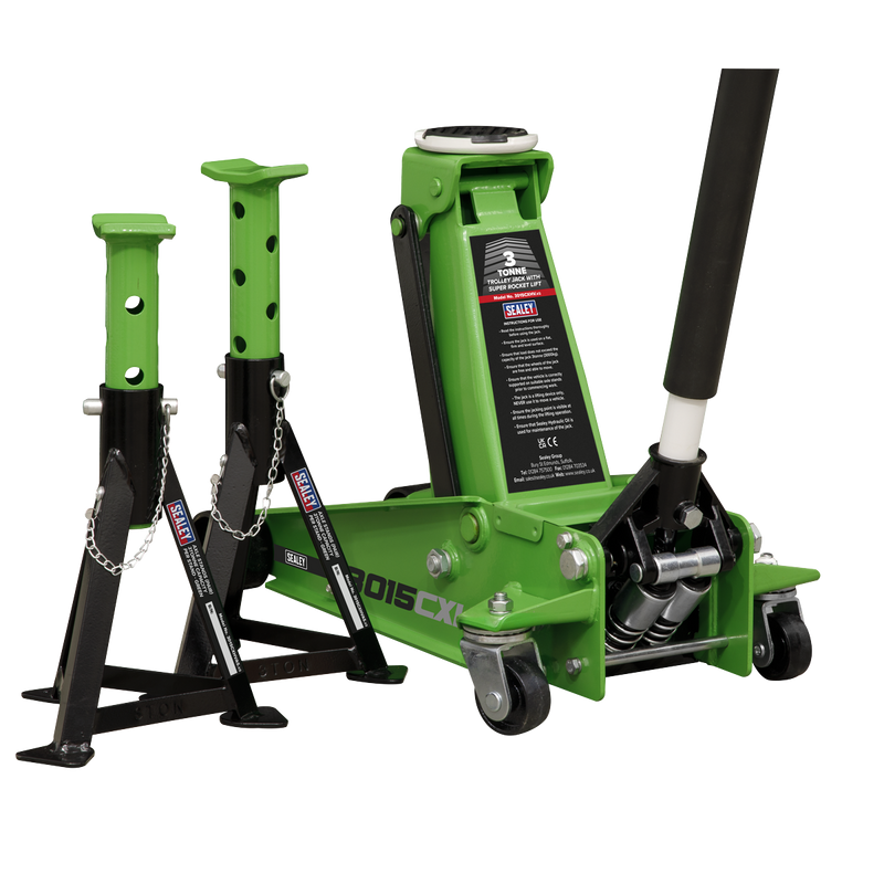 Sealey 3015CXHV 3tonne Trolley Jack with Super Rocket Lift & Axle Stands (Pair) - Hi-Vis Green