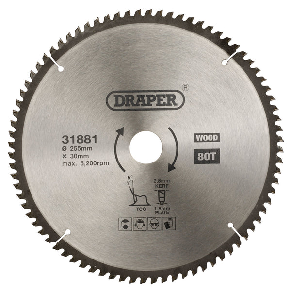 Draper 31881 TCT Triple Chip Grind Circular Saw Blade, 255 x 30mm, 80T