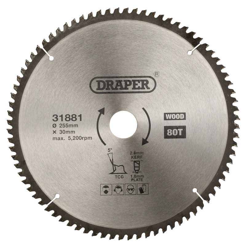 Draper 31881 TCT Triple Chip Grind Circular Saw Blade, 255 x 30mm, 80T