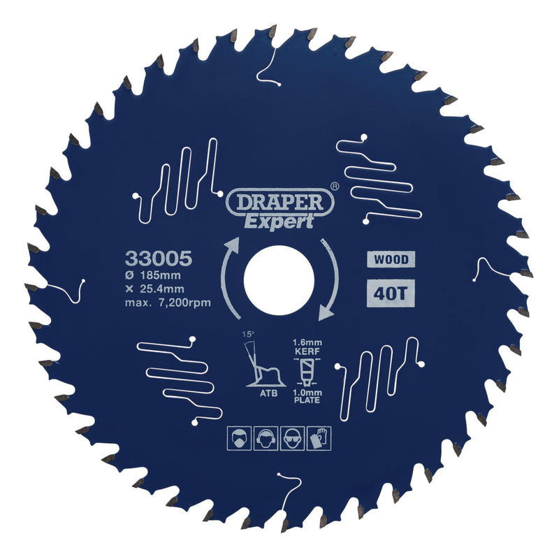 Draper 33005 Draper Expert TCT Circular Saw Blade for Wood with PTFE Coating, 185 x 25.4mm, 40T