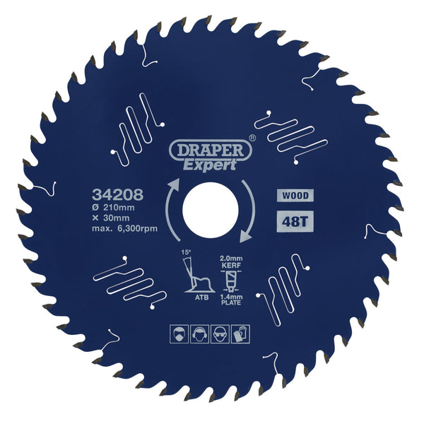 Draper 34208 Draper Expert TCT Circular Saw Blade for Wood with PTFE Coating, 210 x 30mm, 48T