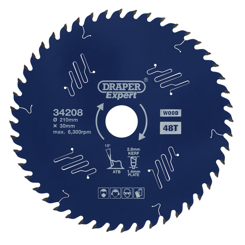 Draper 34208 Draper Expert TCT Circular Saw Blade for Wood with PTFE Coating, 210 x 30mm, 48T