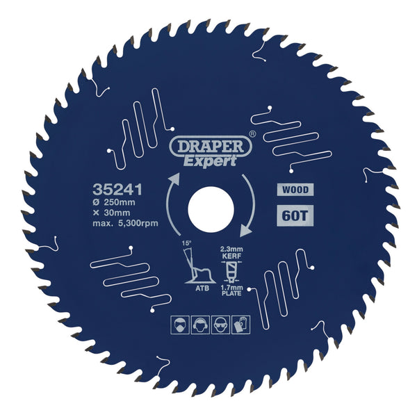 Draper 35241 Draper Expert TCT Circular Saw Blade for Wood with PTFE Coating, 250 x 30mm, 60T