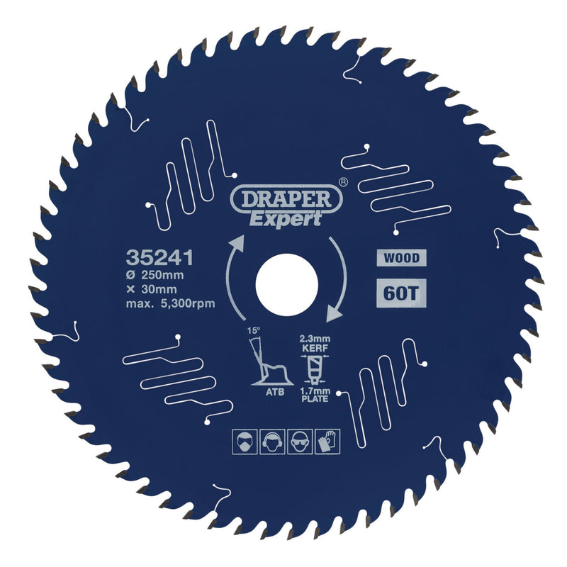 Draper 35241 Draper Expert TCT Circular Saw Blade for Wood with PTFE Coating, 250 x 30mm, 60T