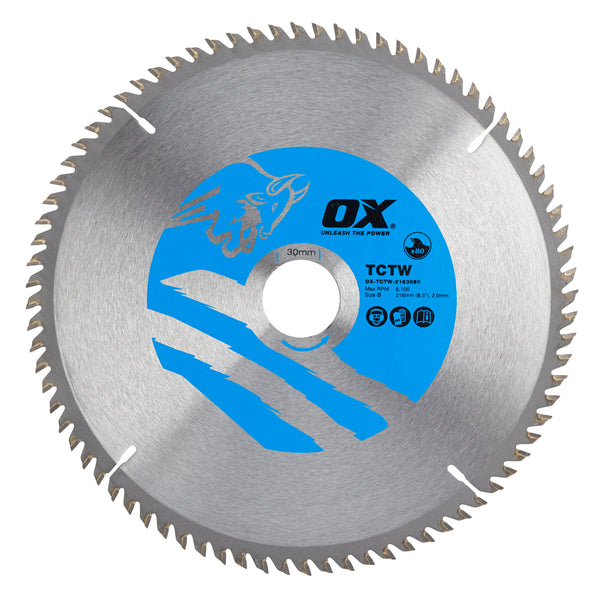 OX Tools OX-TCTW-2163080 Wood Cutting Circular Saw Blade 216/30mm, 80 Teeth ATB