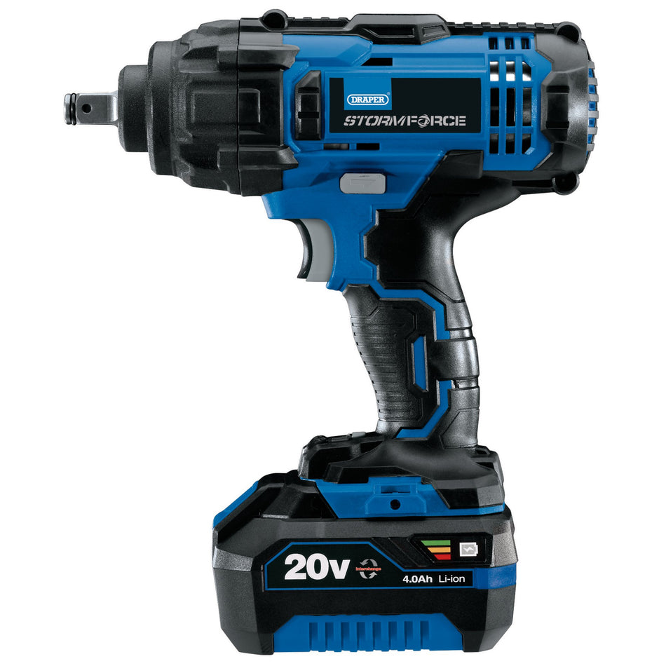 Draper 43785 Draper Storm Force® 20V Mid-Torque Impact Wrench, 1/2" Sq. Dr., 400Nm, 1 x 4.0Ah Battery, 1 x Charger