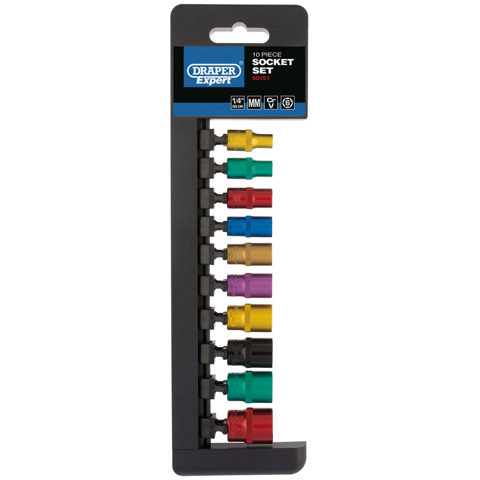 Draper 50151 Metric Coloured Socket Set, 1/4" Sq. Dr. (10 Piece)