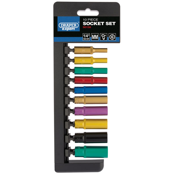 Draper 50158 Metric Coloured Deep Socket Set, 1/4" Sq. Dr. (10 Piece)