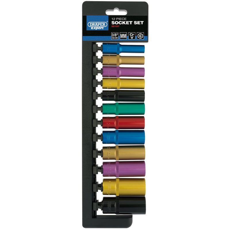 Draper 50197 Metric Coloured Deep Socket Set, 3/8" Sq. Dr. (12 Piece)