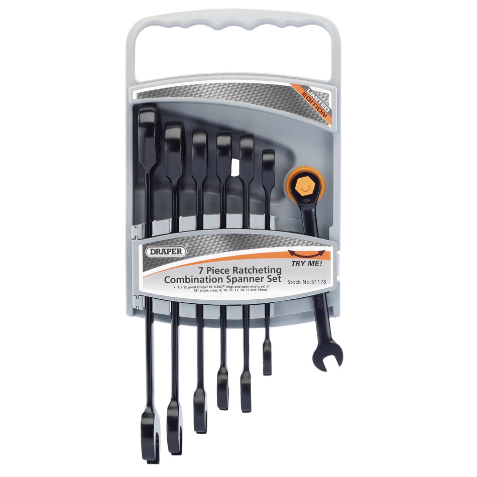 Draper 51178 Draper HI-TORQ® Metric Ratcheting Combination Spanner Set, Black (7 Piece)