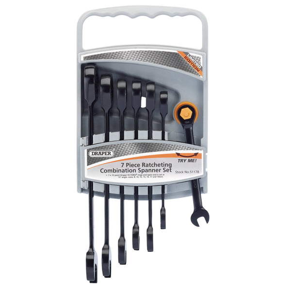Draper 51178 Draper HI-TORQ&#174; Metric Ratcheting Combination Spanner Set, Black (7 Piece)