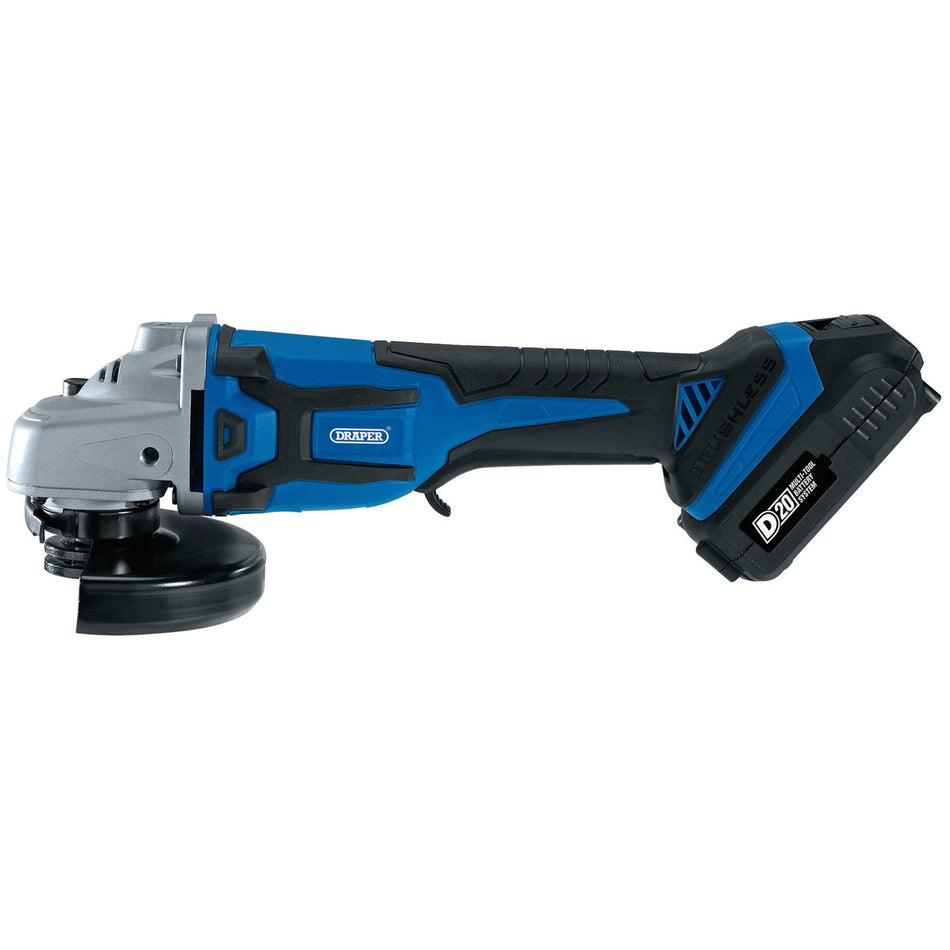 Draper 55478 D20 20V Brushless Angle Grinder, 115mm (Sold Bare)