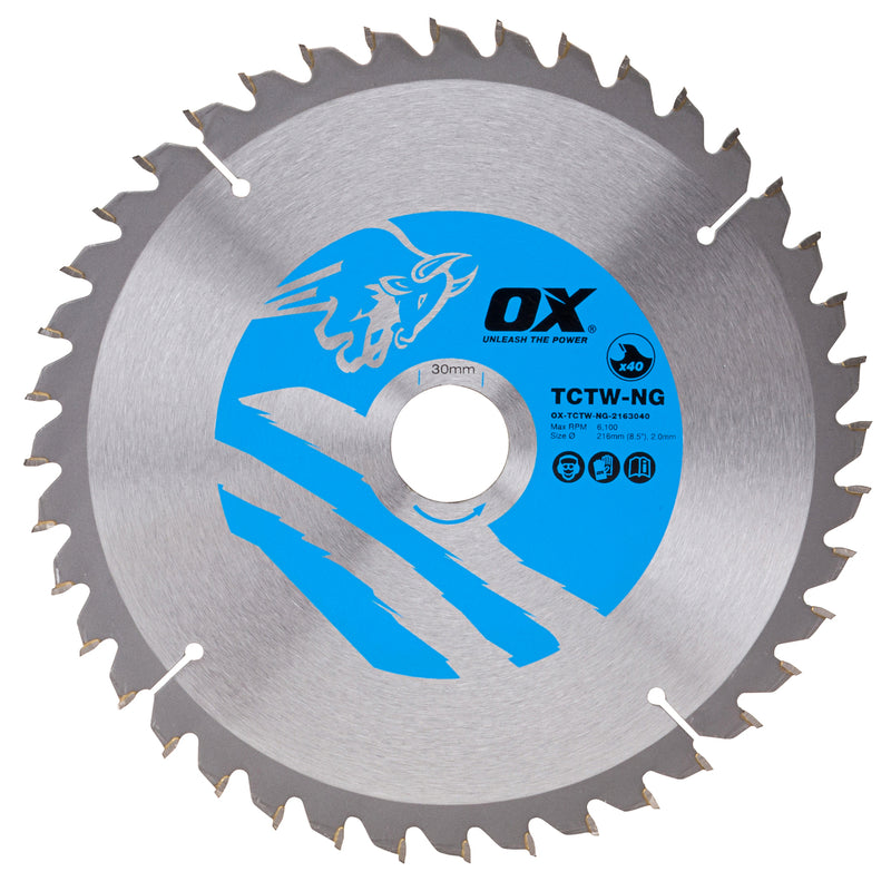 OX Tools OX-TCTW-NG-2163040 Wood Cutting Negative Rake Circular Saw Blade 216/30mm, 40 Teeth ATB