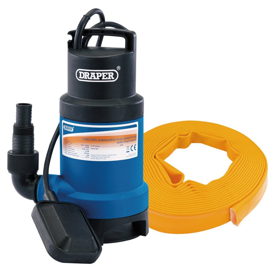 Draper 61814 Submersible Dirty Water Pump Kit with Layflat Hose & Adaptor, 200L/Min, 10m x 25mm, 350W