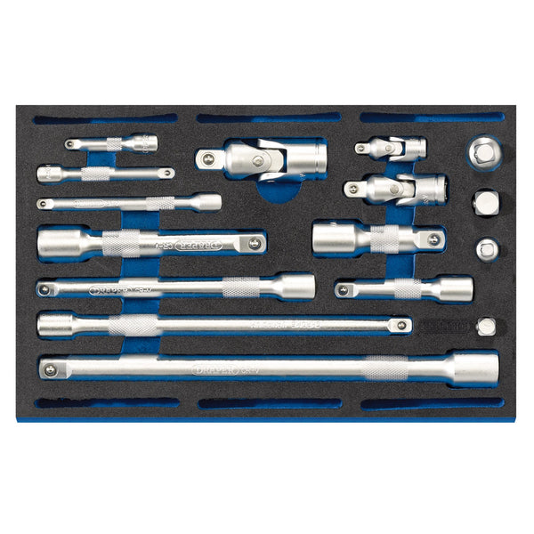 Draper 63530 Extension Bar, Universal Joints and Socket Convertor Set 1/4 Drawer EVA Insert Tray (16 Piece)