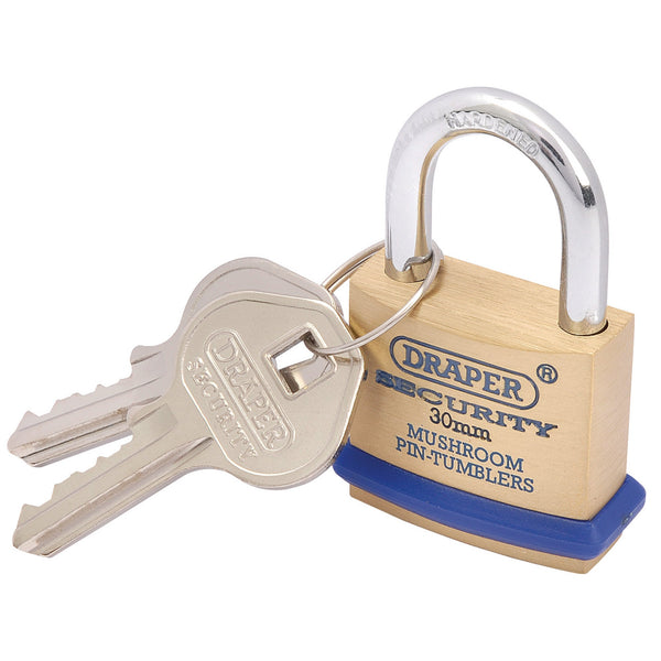Draper 64160 Solid Brass Padlock and 2 Keys with Mushroom Pin Tumblers Hardened Steel Shackle and Bumper, 30mm