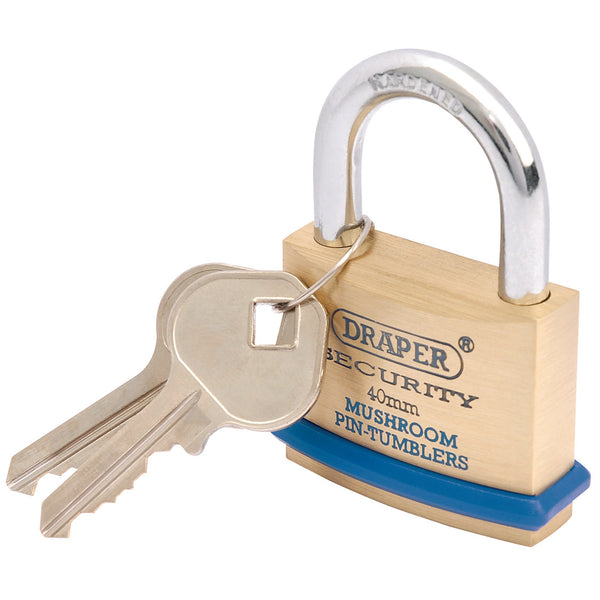 Draper 64161 Solid Brass Padlock and 2 Keys with Mushroom Pin Tumblers Hardened Steel Shackle and Bumper, 40mm