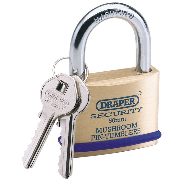 Draper 64162 Solid Brass Padlock & 2 Keys with Mushroom Pin Tumblers Hardened Steel Shackle & Bumper, 50mm