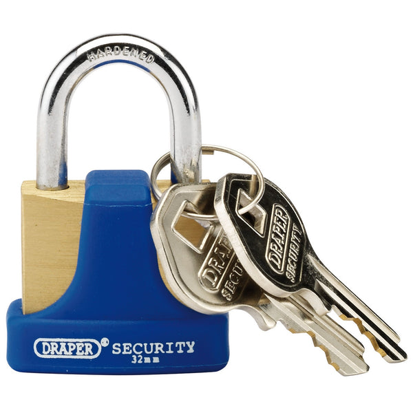 Draper 64164 Solid Brass Padlock and 2 Keys with Hardened Steel Shackle and Bumper, 32mm