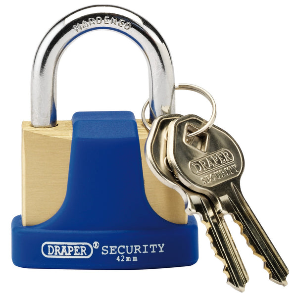 Draper 64165 Solid Brass Padlock and 2 Keys with Hardened Steel Shackle and Bumper, 42mm