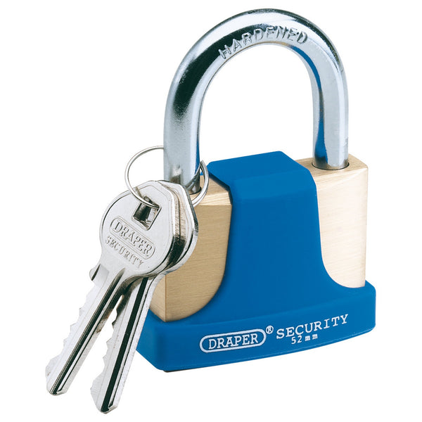 Draper 64166 Solid Brass Padlock and 2 Keys with Hardened Steel Shackle and Bumper, 52mm