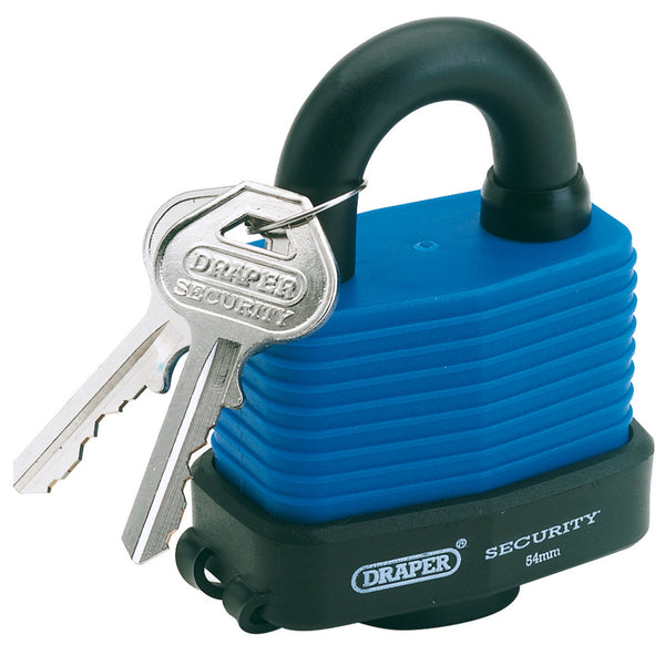 Draper 64178 Laminated Steel Padlock and 2 Keys with Hardened Steel Shackle and Bumper, 54mm