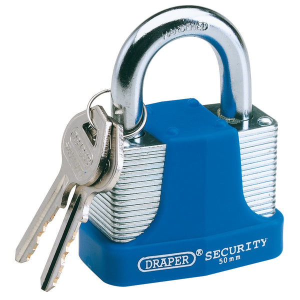 Draper 64182 Laminated Steel Padlock and 2 Keys with Hardened Steel Shackle and Bumper, 50mm