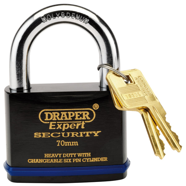 Draper 64195 Heavy Duty Padlock and 2 Keys with Super Tough Molybdenum Steel Shackle, 70mm