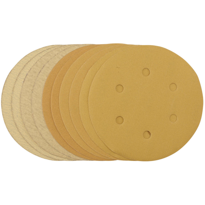 Draper 64284 Gold Sanding Discs with Hook & Loop, 150mm, Assorted Grit - 120G, 180G, 240G, 320G, 400G (Pack of 10)