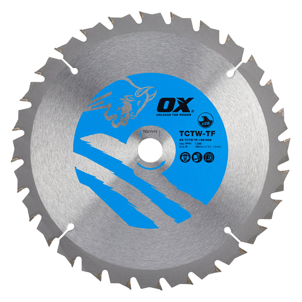 OX Tools OX-TCTW-TF-1901628 Wood Cutting Thin Kerf Circular Saw Blade 190/16mm, 28 Teeth ATB