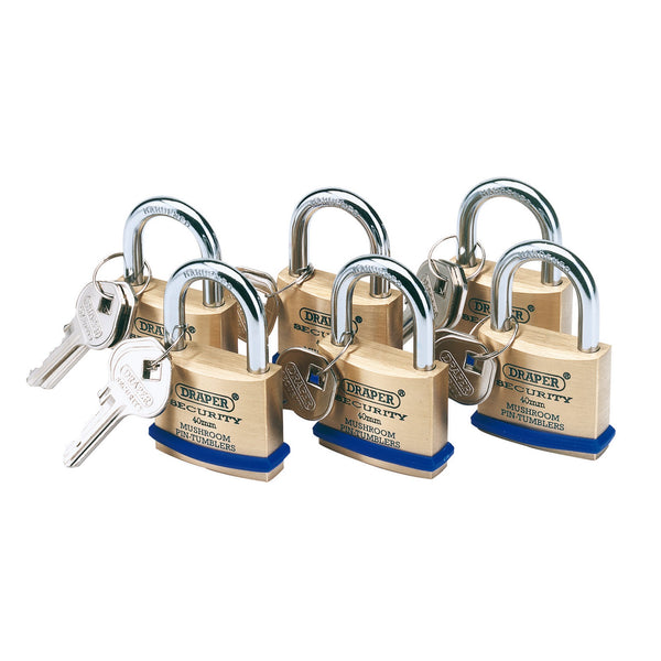 Draper 67659 Solid Brass Padlocks with Hardened Steel Shackle, 40mm (Pack of 6)