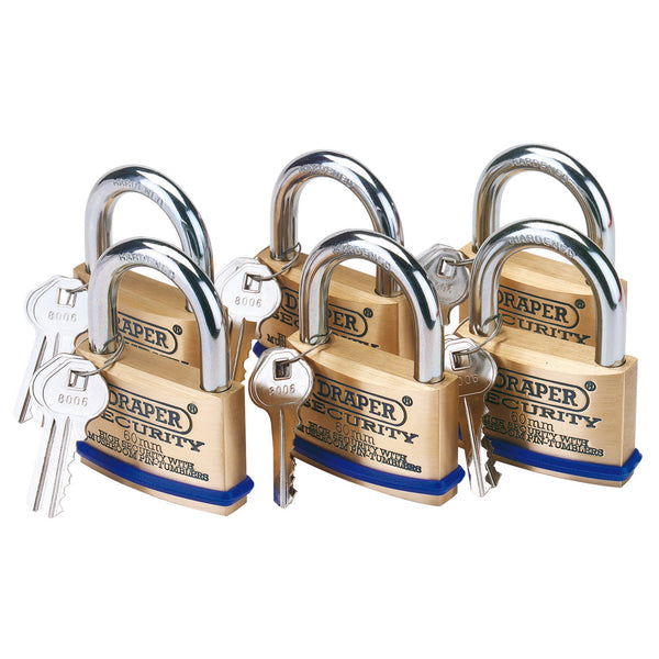 Draper 67663 Solid Brass Padlocks with Hardened Steel Shackle, 60mm (Pack of 6)