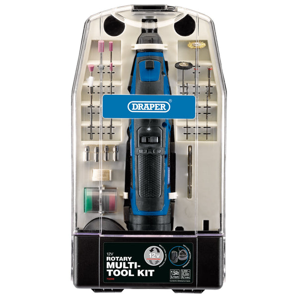 Draper 70298 12V Rotary Multi-Tool Kit, 1 x 1.5Ah Battery, 1 x Fast Charger (50 Piece)