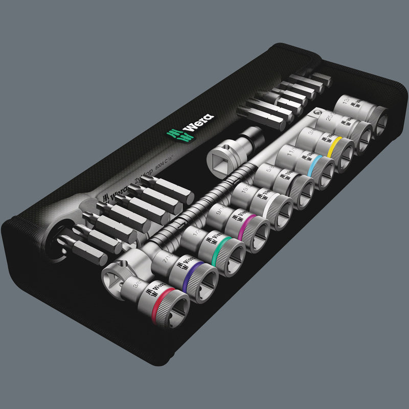 Wera 05004081001 8100 SC 11 Zyklop Metal Ratchet Set with switch lever, 1/2" drive, imperial, 28 pieces